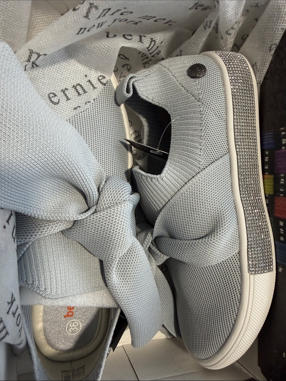 bernie mev. Light Gray Knit Slip-On Sneakers with Bow & Rhinestone Midsole eu36
